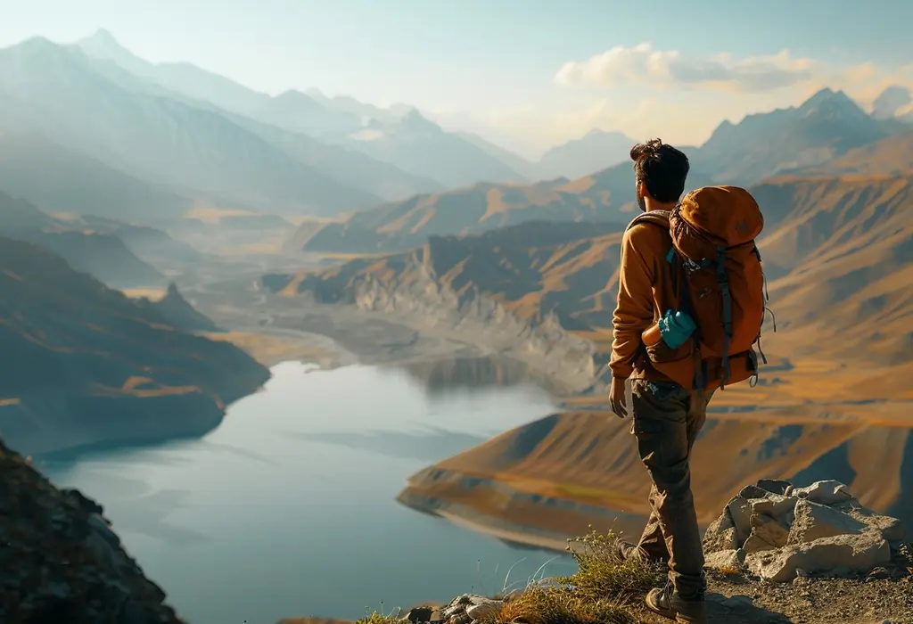 man standing at the top of the rock with a view on mountains and river