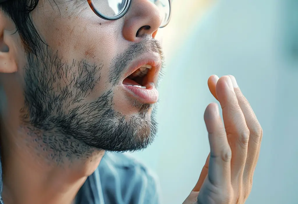 guy examining the smell of his breath