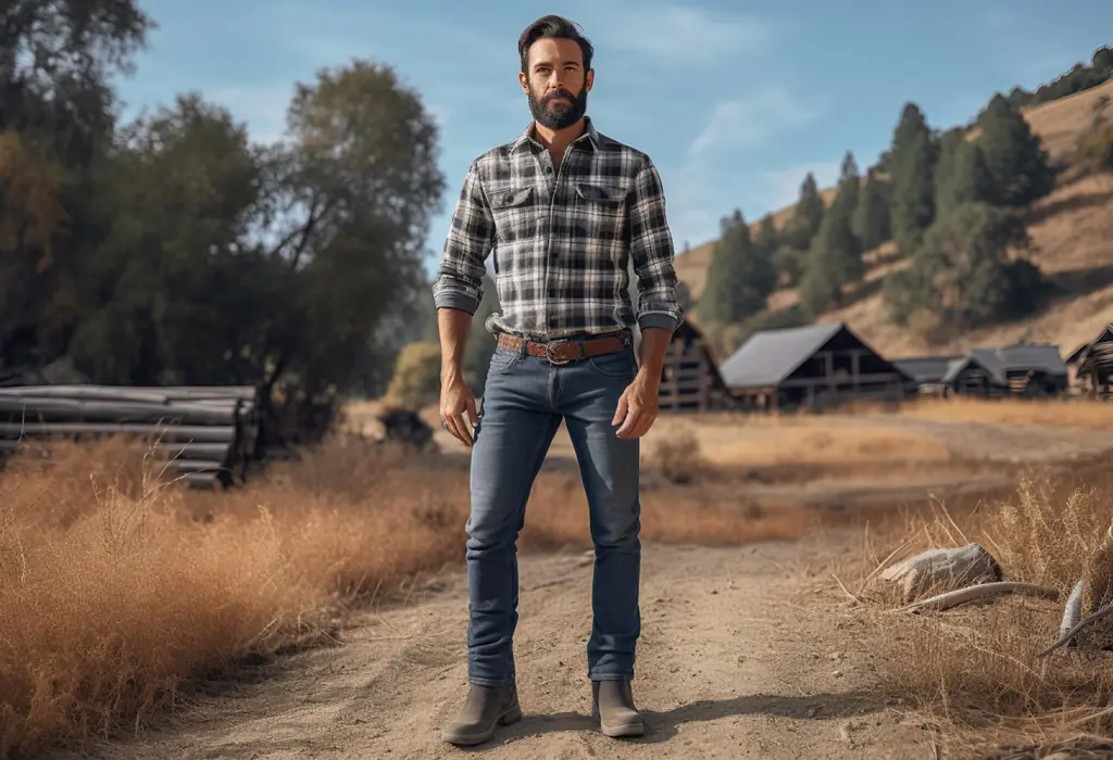 village man dressed in jeans, boots and flannel shirt
