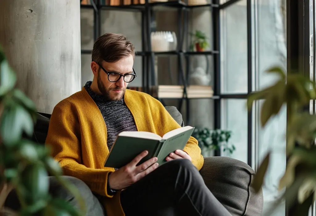 man in glasses sitting and reading book